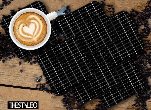Printed Black Aesthetic Pattern Designer Printed Square Tea Coasters With Stand (MDF Wooden, Set Of 6 Pieces Coaster And 1 Stand)
