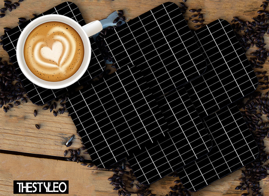 Printed Black Aesthetic Pattern Designer Printed Square Tea Coasters With Stand (MDF Wooden, Set Of 6 Pieces Coaster And 1 Stand)