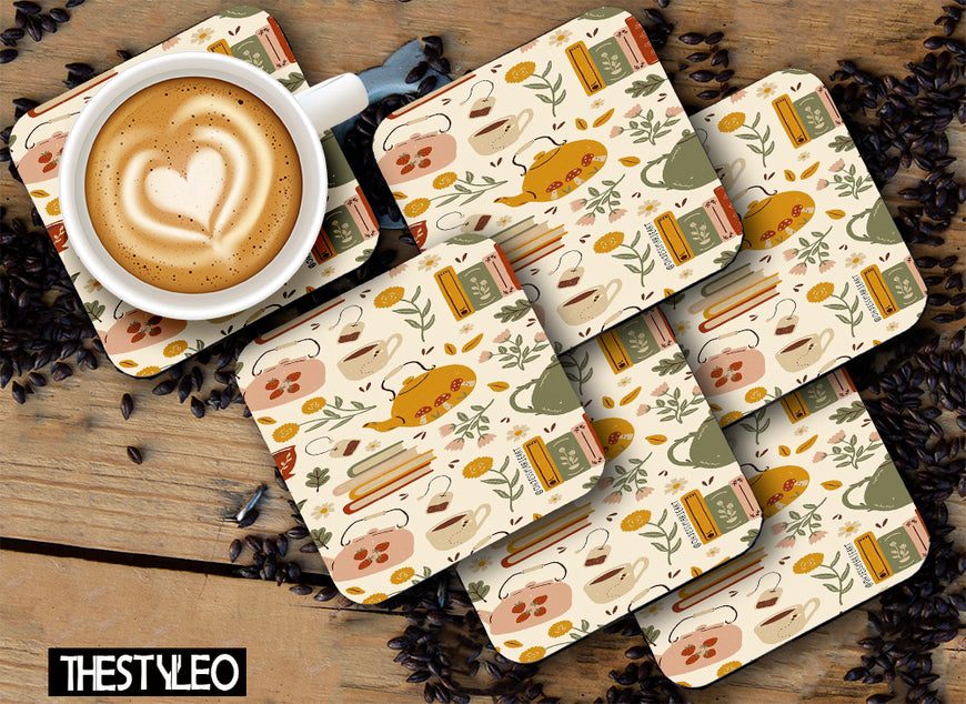 Printed Tea Time Designer Printed Square Tea Coasters  (MDF Wooden, Set Of 6 Pieces Coaster)