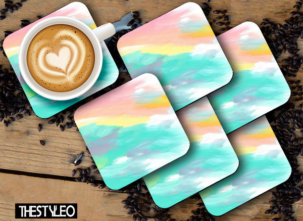 Watercolor Paint Designer Printed Square Tea Coasters With Stand (MDF Wooden, Set Of 6 Pieces Coaster And 1 Stand)