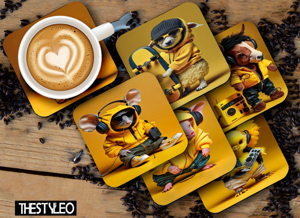 Music Monkey MDF Wooden Printed Square Coasters for Home and Kitchen | Dining Table Decor (Set of 6 Pieces)