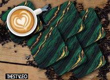 Printed Dark Green And Gold Pattern Designer Printed Square Tea Coasters  (MDF Wooden, Set Of 6 Pieces Coaster)