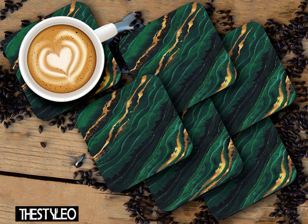 Printed Dark Green And Gold Pattern Designer Printed Square Tea Coasters  (MDF Wooden, Set Of 6 Pieces Coaster)