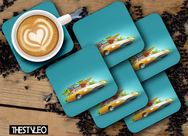 Summer Travel MDF Wooden Printed Square Coasters for Home and Kitchen | Dining Table Decor (Set of 6 Pieces)