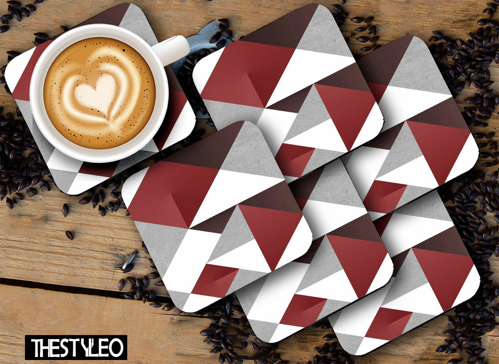 Red And Gray Pattern Designer Printed Square Tea Coasters With Stand (MDF Wooden, Set Of 6 Pieces Coaster And 1 Stand)