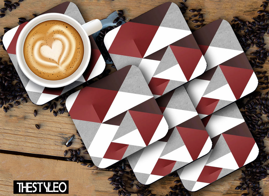 Red And Gray Pattern Designer Printed Square Tea Coasters With Stand (MDF Wooden, Set Of 6 Pieces Coaster And 1 Stand)