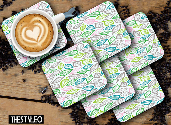 Printed Leaf Pattern Designer Printed Square Tea Coasters With Stand (MDF Wooden, Set Of 6 Pieces Coaster And 1 Stand)