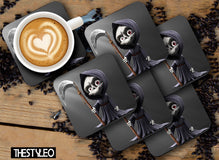 Cute Little Ghost MDF Wooden Printed Square Coasters for Home and Kitchen | Dining Table Decor (Set of 6 Pieces)