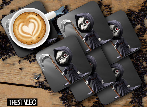Cute Little Ghost MDF Wooden Printed Square Coasters for Home and Kitchen | Dining Table Decor (Set of 6 Pieces)