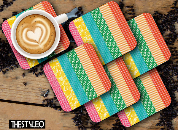 Colorful Patterns Wooden Designer Printed Square Tea Coasters (MDF Wooden, Set of 6 Pieces)