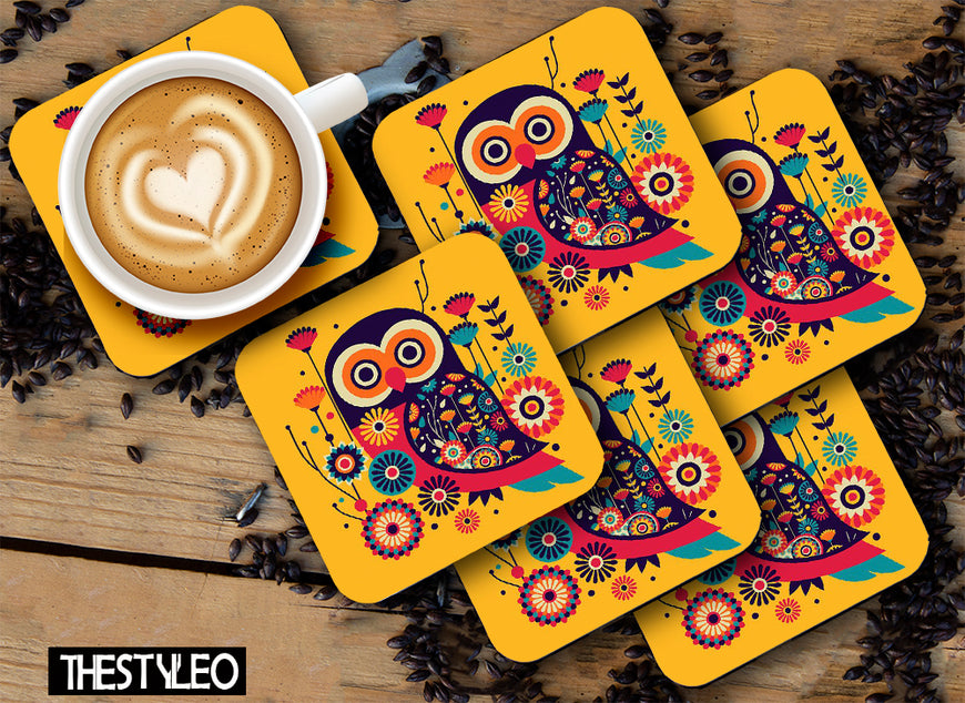 Abstract owl Wooden Designer Printed Square Tea Coasters (MDF Wooden, Set of 6 Pieces)