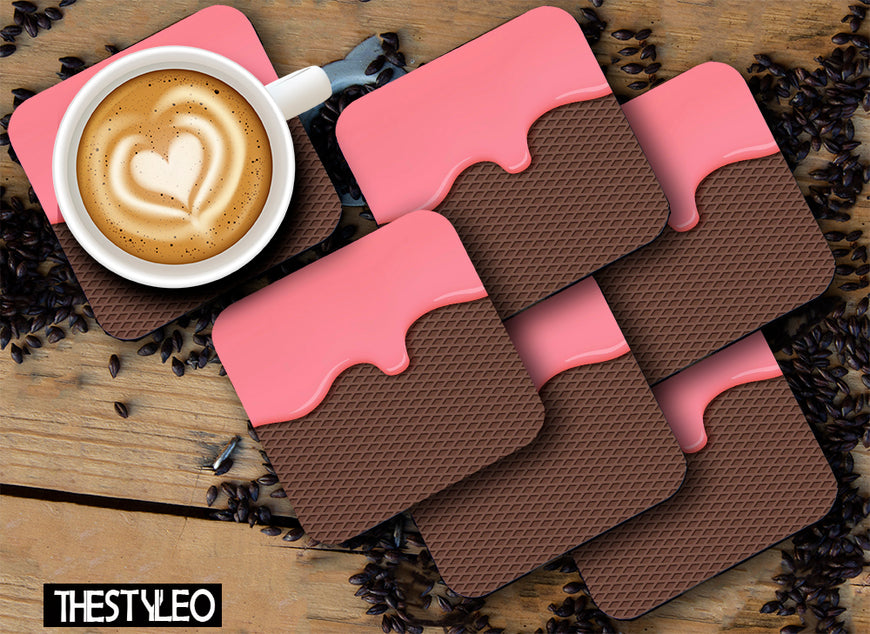 Printed Ice Cream Pattern Designer Printed Square Tea Coasters With Stand (MDF Wooden, Set Of 6 Pieces Coaster And 1 Stand)