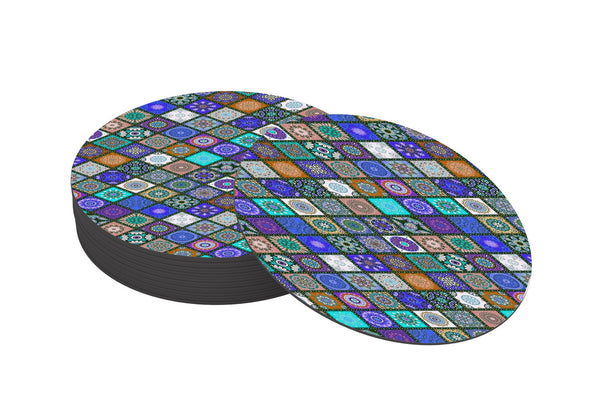 Colorful Pattern Designer Printed Round Tea Coasters (MDF Wooden, Set Of 6 Pieces)