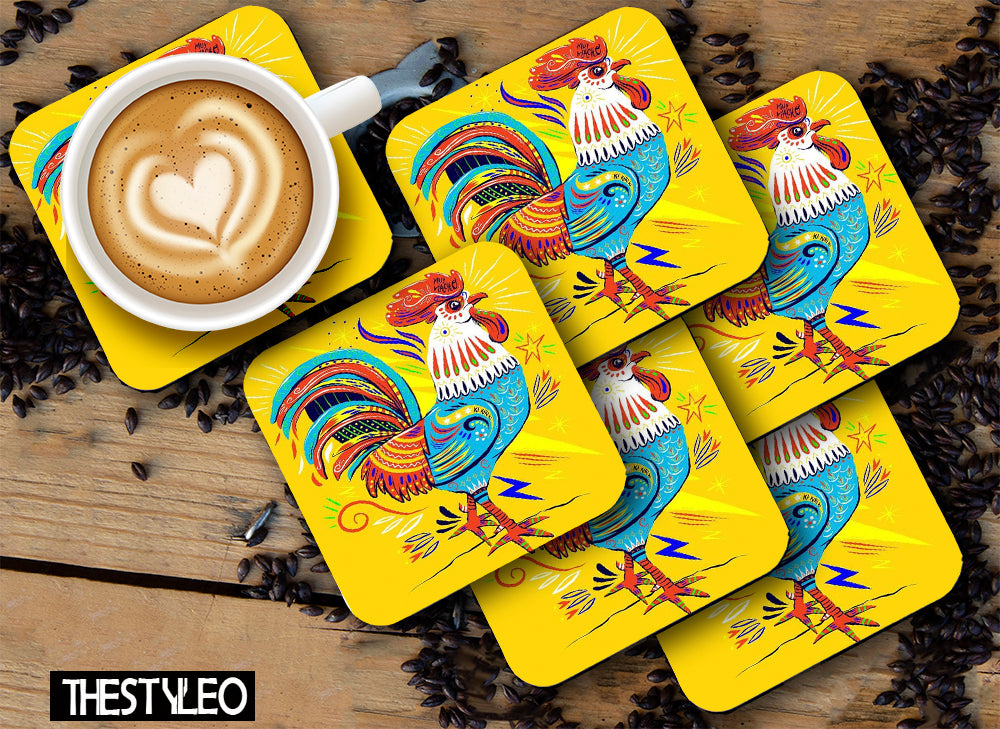 Colorful Rooster Wooden Designer Printed Square Tea Coasters (MDF Wooden, Set of 6 Pieces)