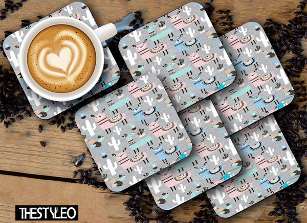 Llama Pattern Designer Printed Square Tea Coasters With Stand (MDF Wooden, Set Of 6 Pieces Coaster And 1 Stand)