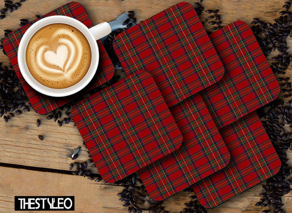 Printed Red Pattern Designer Printed Square Tea Coasters With Stand (MDF Wooden, Set Of 6 Pieces Coaster And 1 Stand)