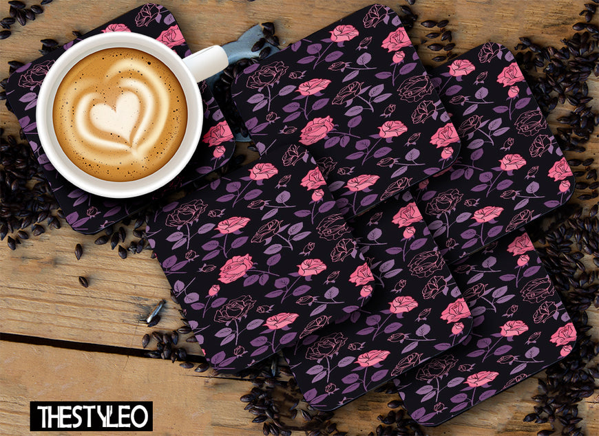 Pink Flower  Designer Printed Square Tea Coasters With Stand (MDF Wooden, Set Of 6 Pieces Coaster And 1 Stand)