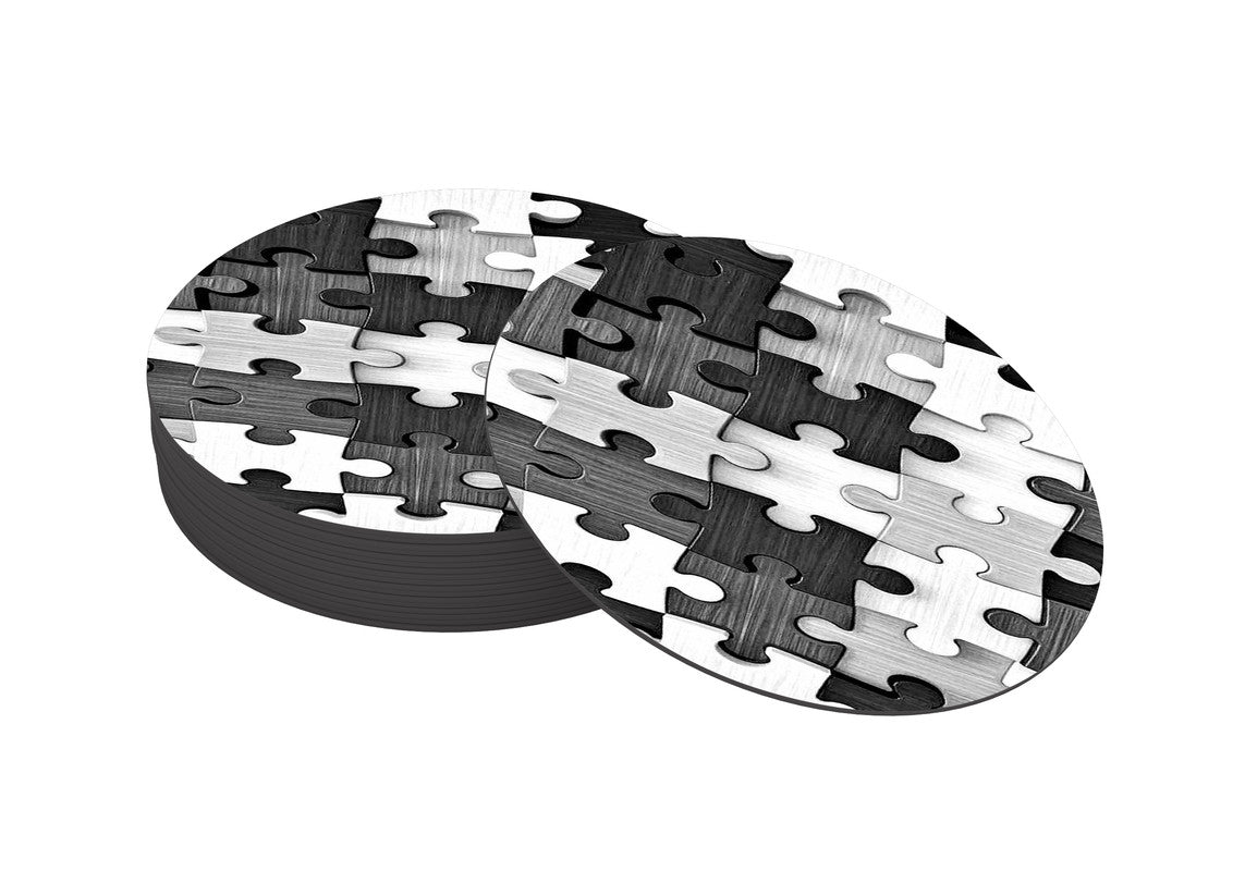 Black White Puzzle  Designer Printed Round Tea Coasters (MDF Wooden, Set Of 6 Pieces)