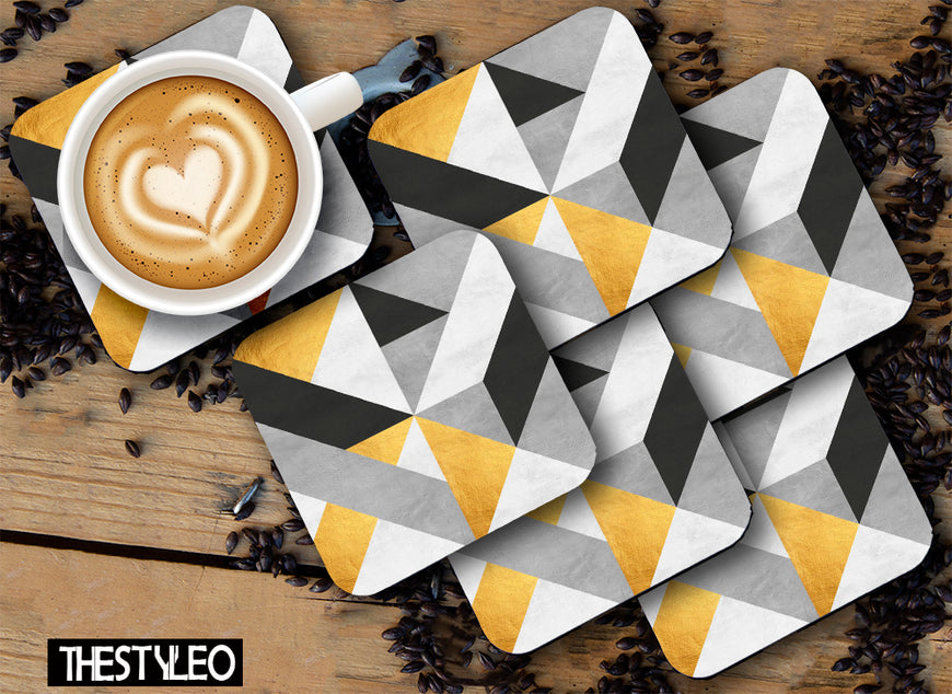 Gold And Gray Pattern Designer Printed Square Tea Coasters With Stand (MDF Wooden, Set Of 6 Pieces Coaster And 1 Stand)