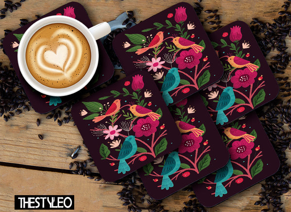 Folk Art Flowers Birds Designer Printed Square Tea Coasters With Stand (MDF Wooden, Set Of 6 Pieces Coaster And 1 Stand)