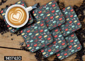 Printed Coffee Pattern Designer Printed Square Tea Coasters With Stand (MDF Wooden, Set Of 6 Pieces Coaster And 1 Stand)