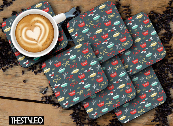 Printed Coffee Pattern Designer Printed Square Tea Coasters With Stand (MDF Wooden, Set Of 6 Pieces Coaster And 1 Stand)