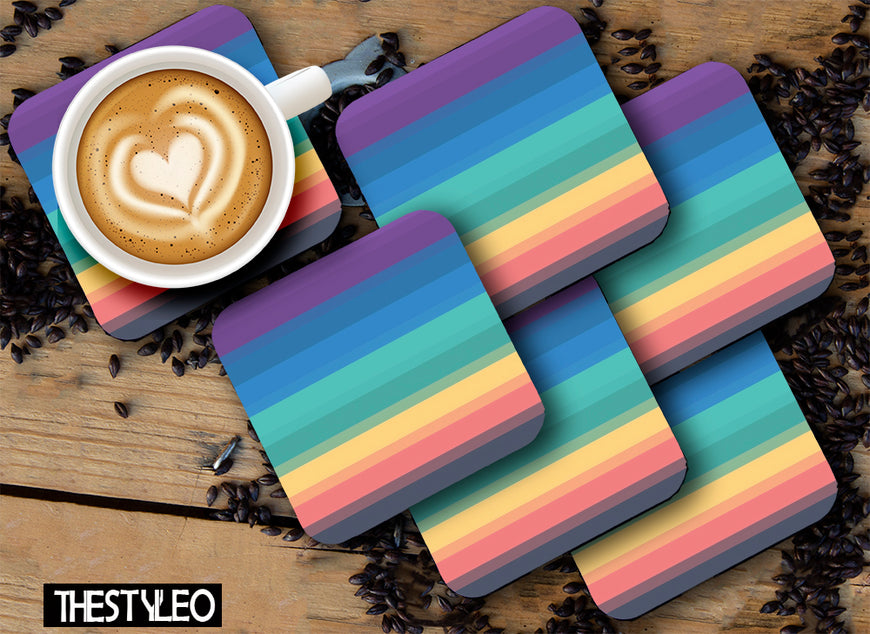 Printed Rainbow Colorful Pattern Designer Printed Square Tea Coasters With Stand (MDF Wooden, Set Of 6 Pieces Coaster And 1 Stand)