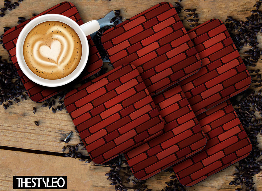 Red Brick Wall Wooden Designer Printed Square Tea Coasters (MDF Wooden, Set of 6 Pieces)