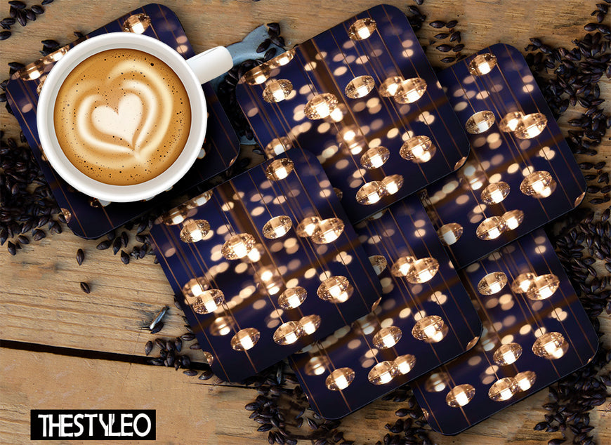 Lights Designer Printed Square Tea Coasters With Stand (MDF Wooden, Set Of 6 Pieces Coaster And 1 Stand)