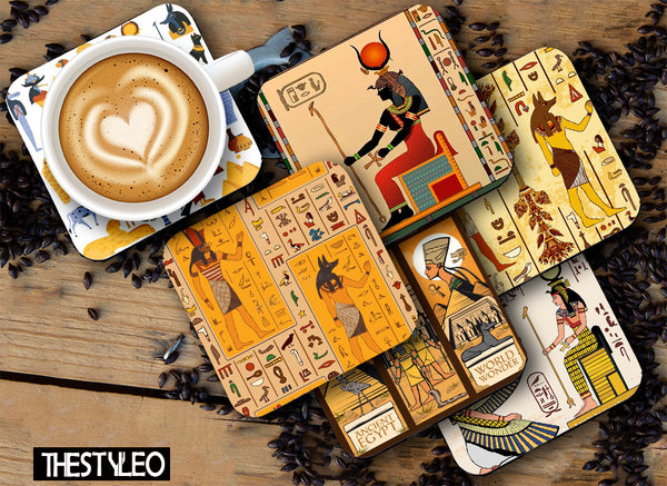 Egyptian Gods Printed Mdf Wooden Printed Square Coasters For Home And Kitchen | Dining Table Decor (Set Of 6  Pieces)