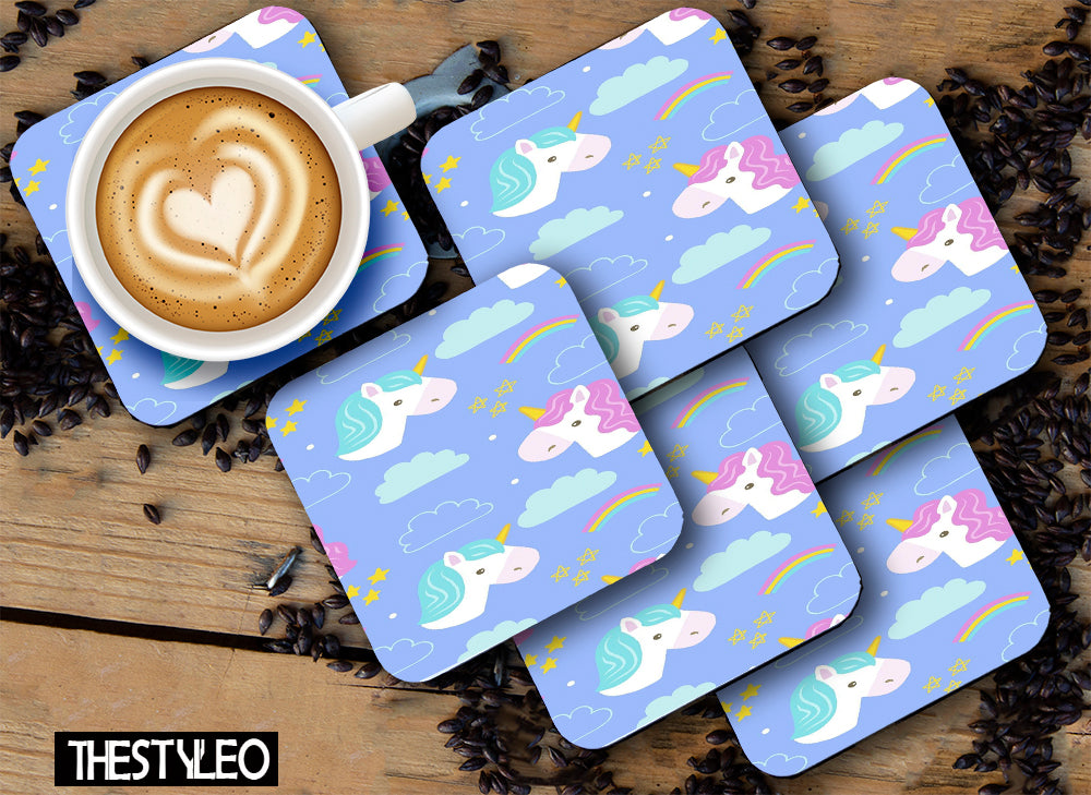 Unicorn Pattern Designer Printed Square Tea Coasters With Stand (MDF Wooden, Set Of 6 Pieces Coaster And 1 Stand)