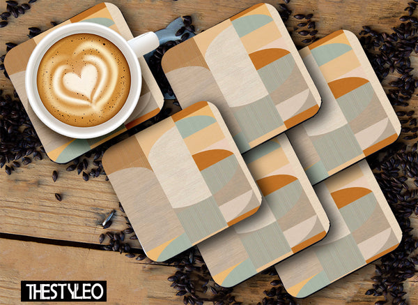 Brown Pattern Designer Printed Square Tea Coasters With Stand (MDF Wooden, Set Of 6 Pieces Coaster And 1 Stand)