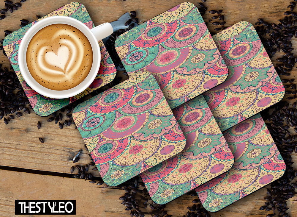Printed Mandala Art  Pattern Designer Printed Square Tea Coasters With Stand (MDF Wooden, Set Of 6 Pieces Coaster And 1 Stand)