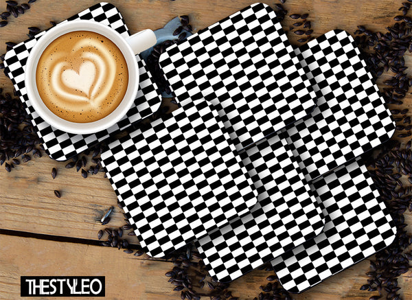Black And White Box Designer Printed Square Tea Coasters With Stand (MDF Wooden, Set Of 6 Pieces Coaster And 1 Stand)
