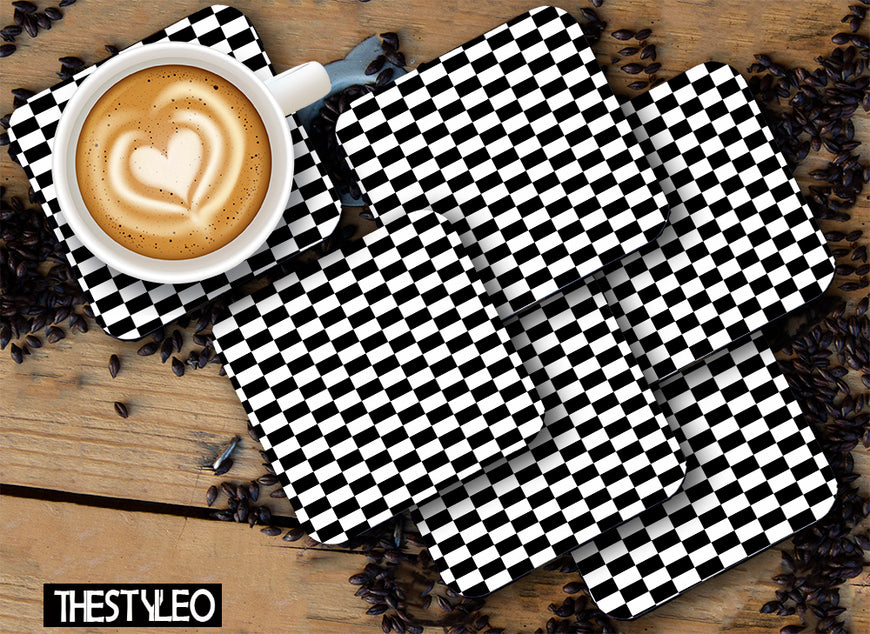 Black And White Box Designer Printed Square Tea Coasters With Stand (MDF Wooden, Set Of 6 Pieces Coaster And 1 Stand)