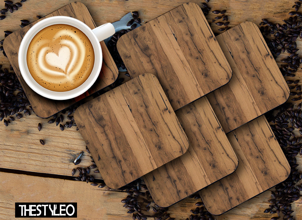 Printed Wood Pattern Designer Printed Square Tea Coasters With Stand (MDF Wooden, Set Of 6 Pieces Coaster And 1 Stand)