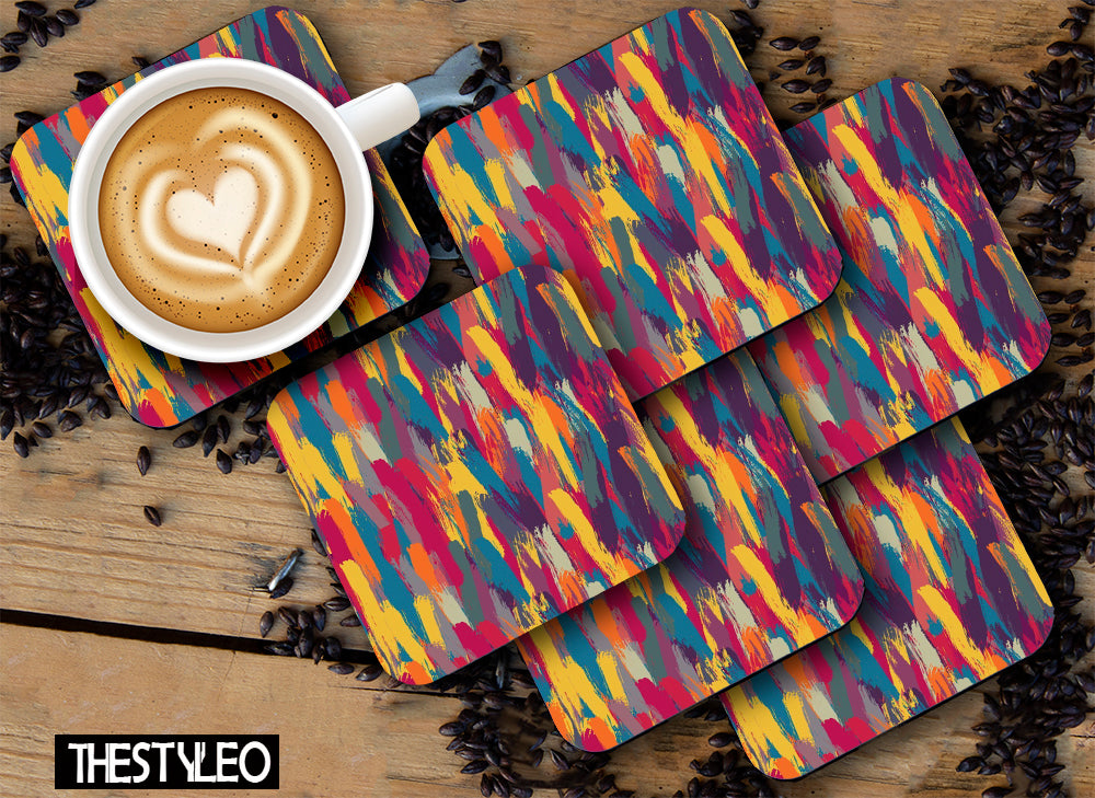 Paint Pattern Designer Printed Square Tea Coasters With Stand (MDF Wooden, Set Of 6 Pieces Coaster And 1 Stand)