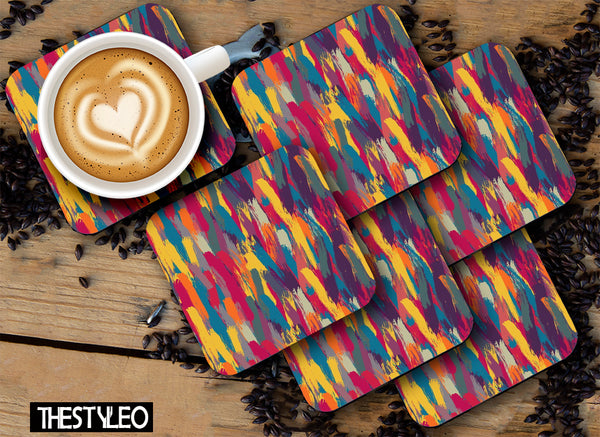 Paint Pattern Designer Printed Square Tea Coasters With Stand (MDF Wooden, Set Of 6 Pieces Coaster And 1 Stand)