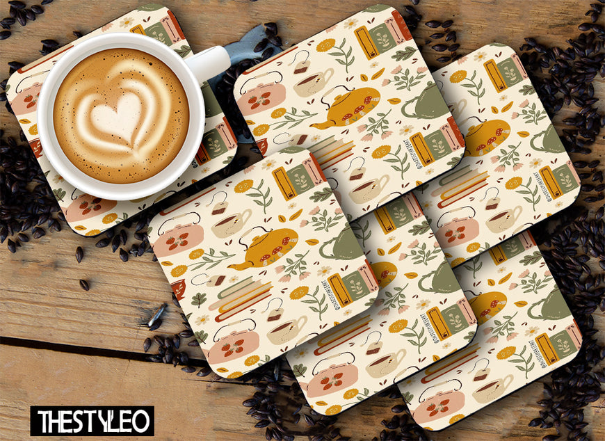 Printed Tea Time Pattern Designer Printed Square Tea Coasters With Stand (MDF Wooden, Set Of 6 Pieces Coaster And 1 Stand)