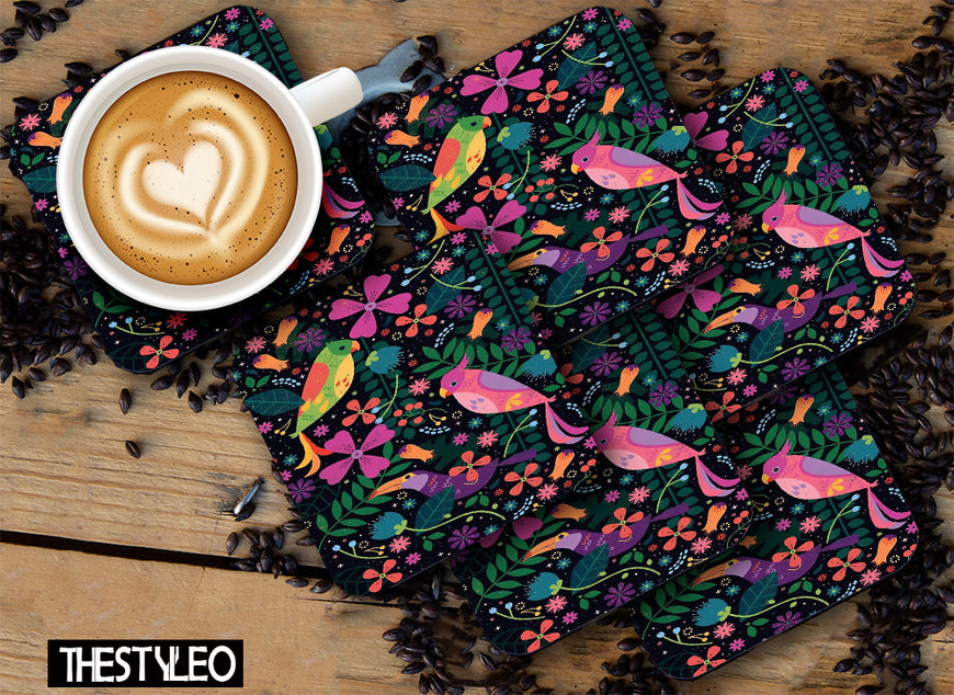 Multicolours Designer Printed Square Tea Coasters With Stand (MDF Wooden, Set Of 6 Pieces Coaster And 1 Stand)