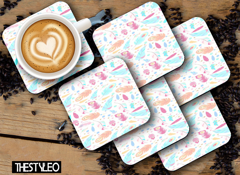 Boho Feather Designer Printed Square Tea Coasters With Stand (MDF Wooden, Set Of 6 Pieces Coaster And 1 Stand)