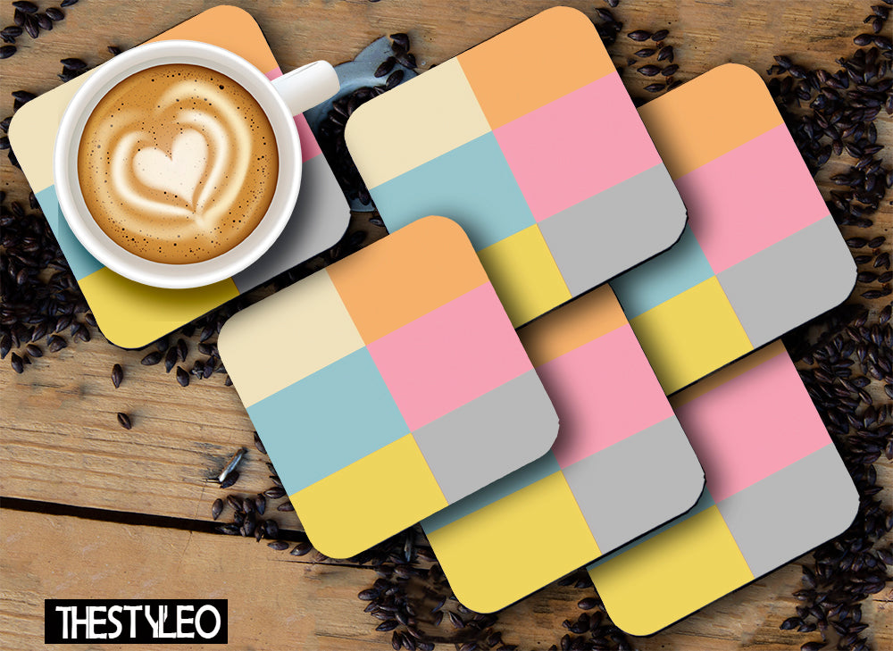 Color Square Designer Printed Square Tea Coasters With Stand (MDF Wooden, Set Of 6 Pieces Coaster And 1 Stand)