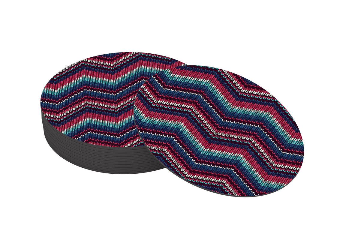 Zigzag Pattern Designer Printed Round Tea Coasters (MDF Wooden, Set Of 6 Pieces)
