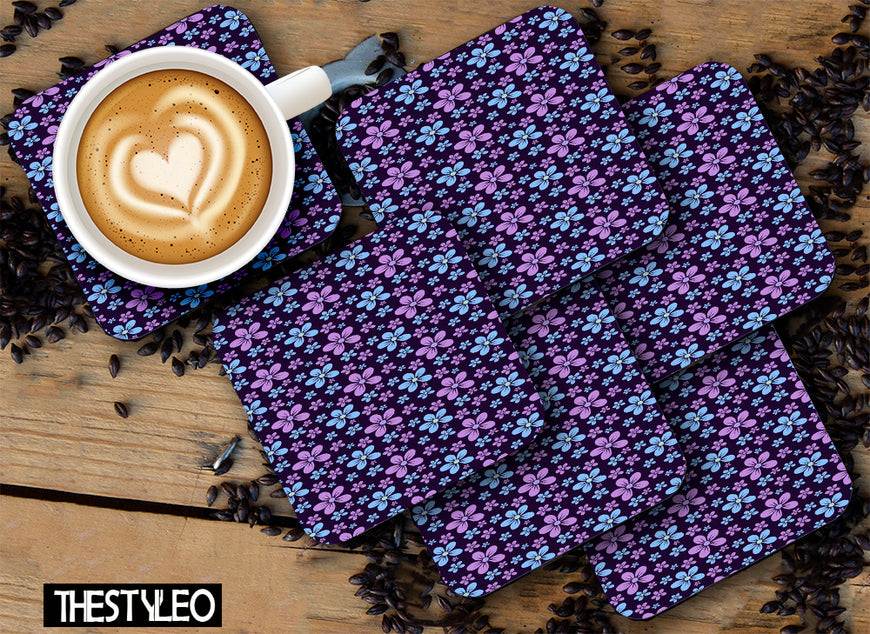  Floral Pattern Designer Printed Square Tea Coasters With Stand (MDF Wooden, Set Of 6 Pieces Coaster And 1 Stand)