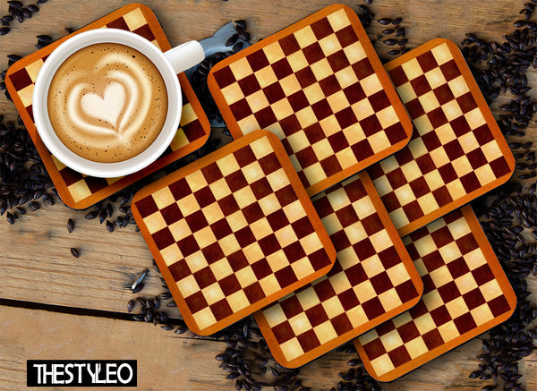 Chess Board Printed Mdf Wooden Printed Square Coasters For Home And Kitchen | Dining Table Decor (Set Of 6  Pieces)