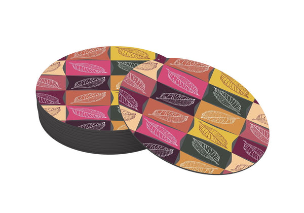 Leaf pattern Designer Printed Round Tea Coasters (MDF Wooden, Set Of 6 Pieces)
