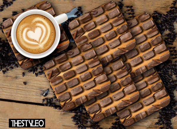 Chocolate Pattern Designer Printed Square Tea Coasters With Stand (MDF Wooden, Set Of 6 Pieces Coaster And 1 Stand)