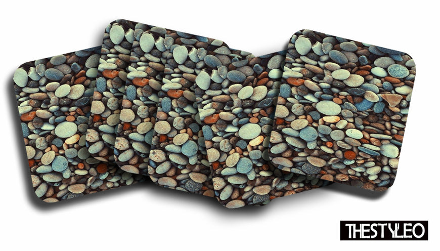 Printed Multi - Pebbles Pattern Designer Printed Square Tea Coasters With Stand (MDF Wooden, Set Of 6 Pieces Coaster And 1 Stand)