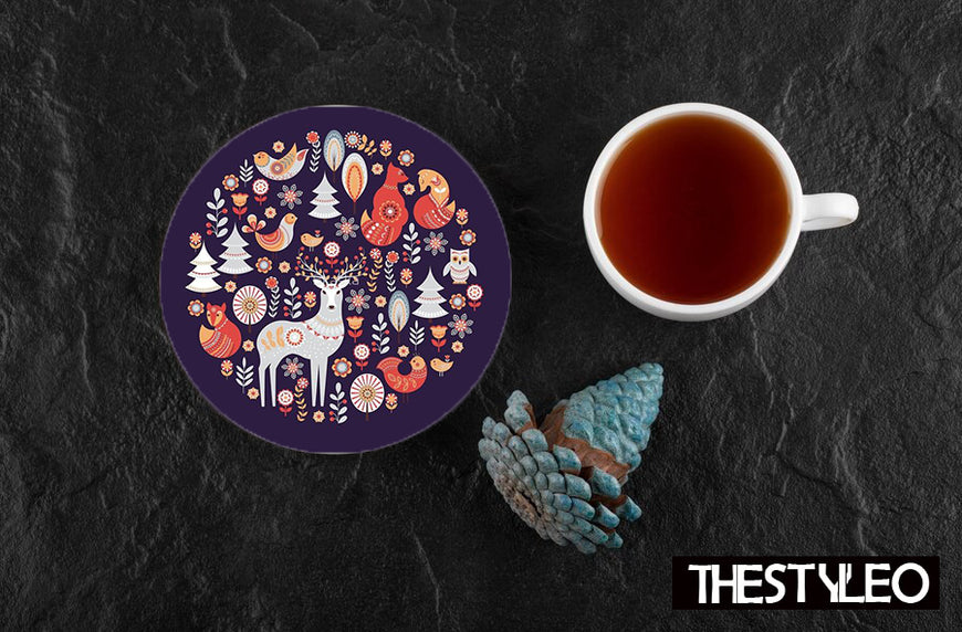 fox owl Pattern Designer Printed Round Tea Coasters (MDF Wooden, Set Of 6 Pieces)