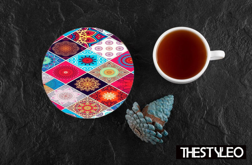 Mandala Pattern Designer Printed Round Tea Coasters (MDF Wooden, Set Of 6 Pieces)